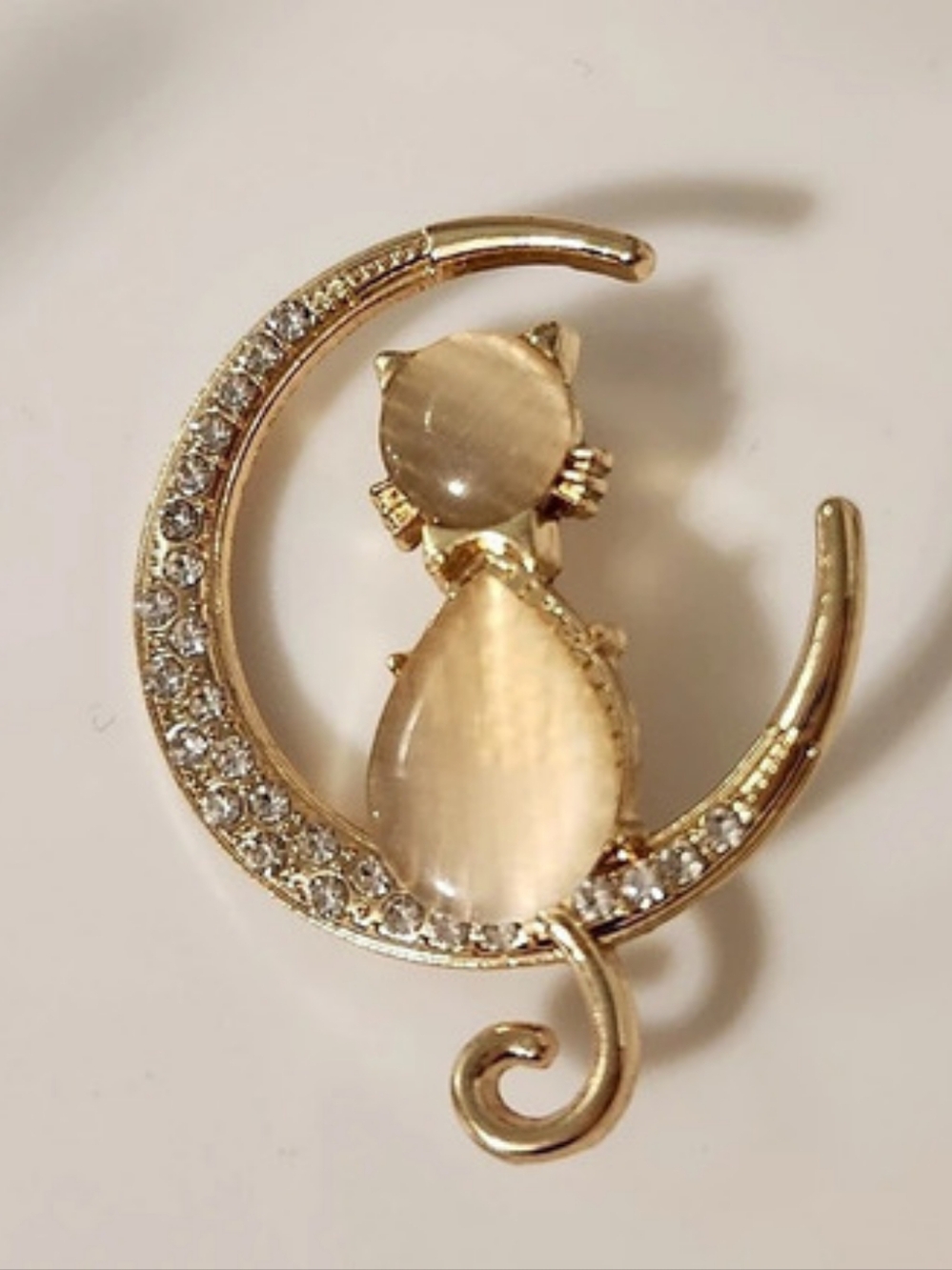 Gold Tone Cat On Crescent Moon Brooch Pin With Rhinestones